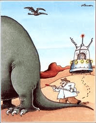 An instant later, both Professor Waxman, and his time machine are obliterated, leaving the cold-blooded / warm-blooded dinosaur debate still unresolved.