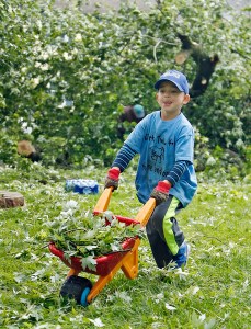 boy and wheelbarrow, trees down, storm damage, carry, wheelbarrow, burdens, Lord carried me, Lord carried me, Footprints in the Sand