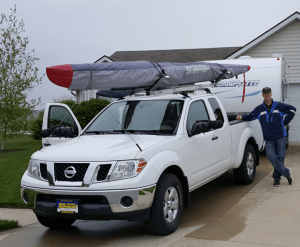 Camplite, husband, kayak, Scorpius, rack, roof, outrigger, canoe, man, towing, camper, travel, trailer, home, Nissan, Frontier, camping
