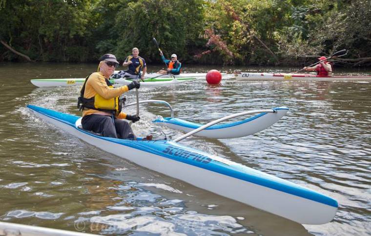 Scorpius, outrigger canoe, OC1, Hawaiian, boat, man, paddling, life jacket, racing, buoy, turn, marathon, River Bear