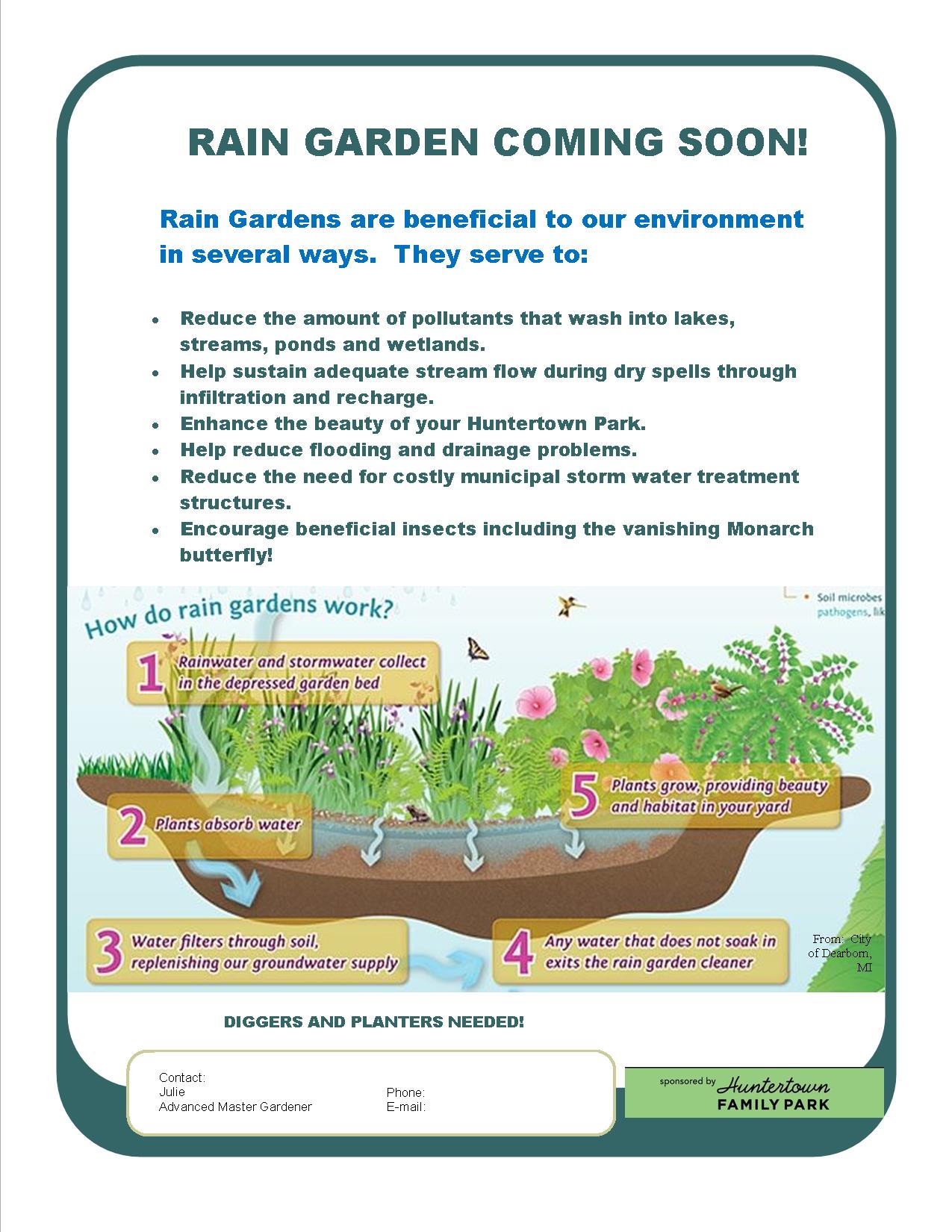 rain garden, Huntertown, family, park, runoff, storm water, native plants, Monarch butterfly, community, project